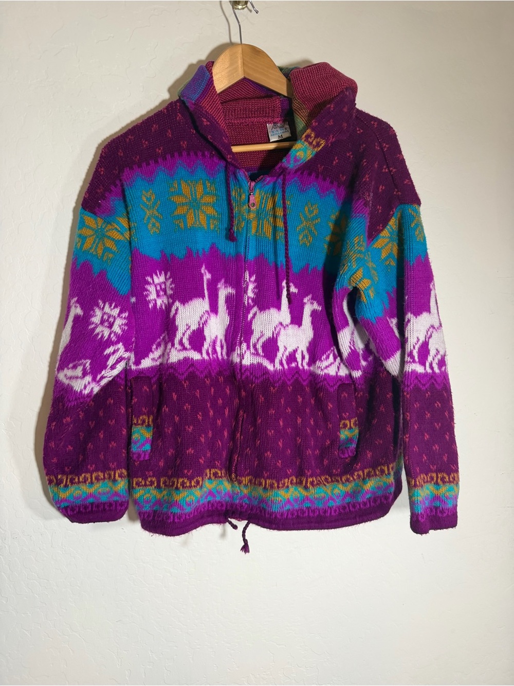 VTG Yari Artesanias Wool Llama Knit Zip Hoodie Sweater Jacket | Medium